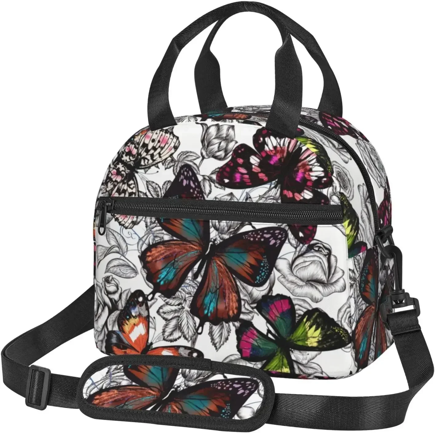 Lunch Bag,Tote Bag For Women & Men Adjustable Shoulder Strap,Leak Proof  Office Work,Picnic,Butterflies Floral Print