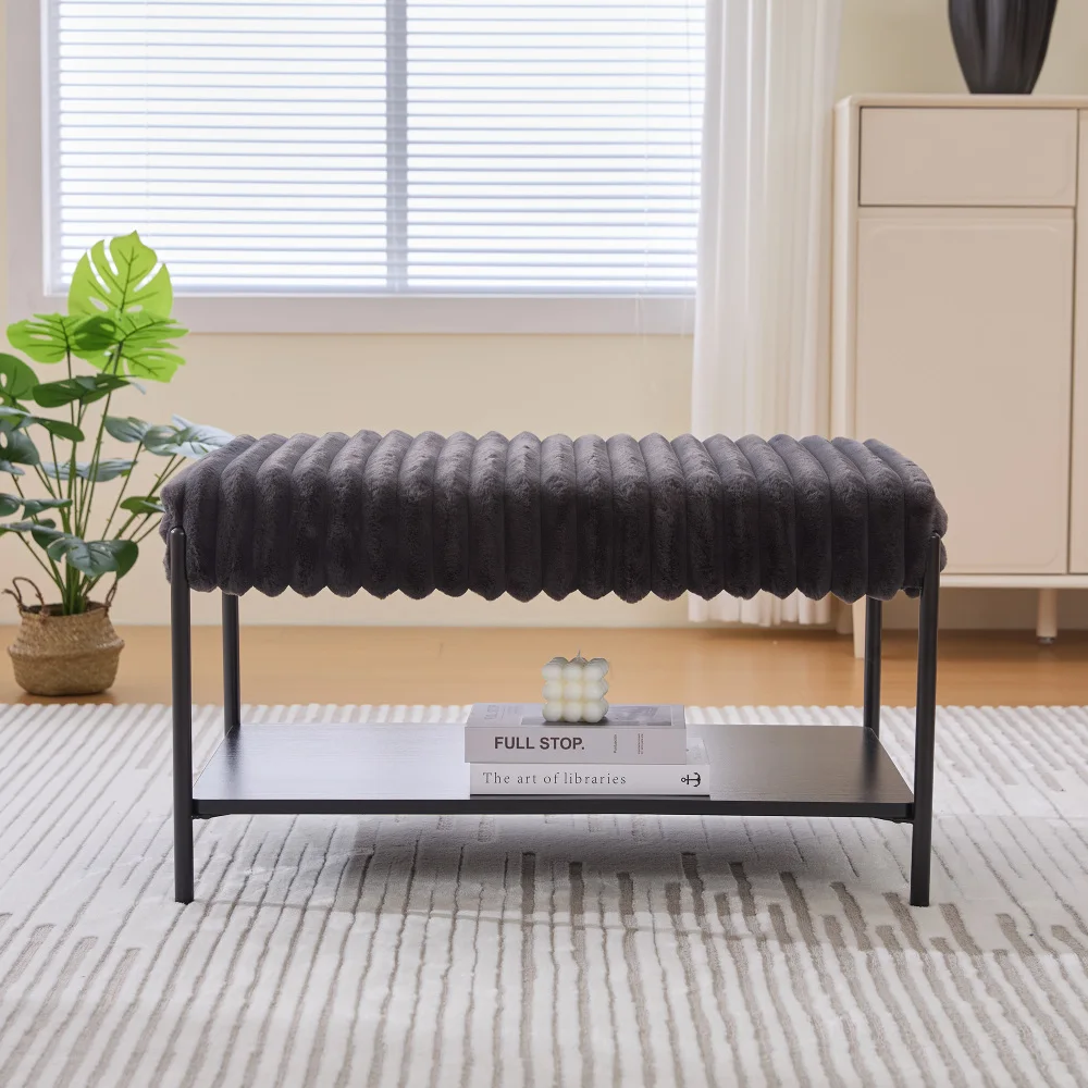 

30.7'' Wide Faux Fur Ottoman: Black Metal Legs, Wooden Storage Shelf for Home - Charcoal