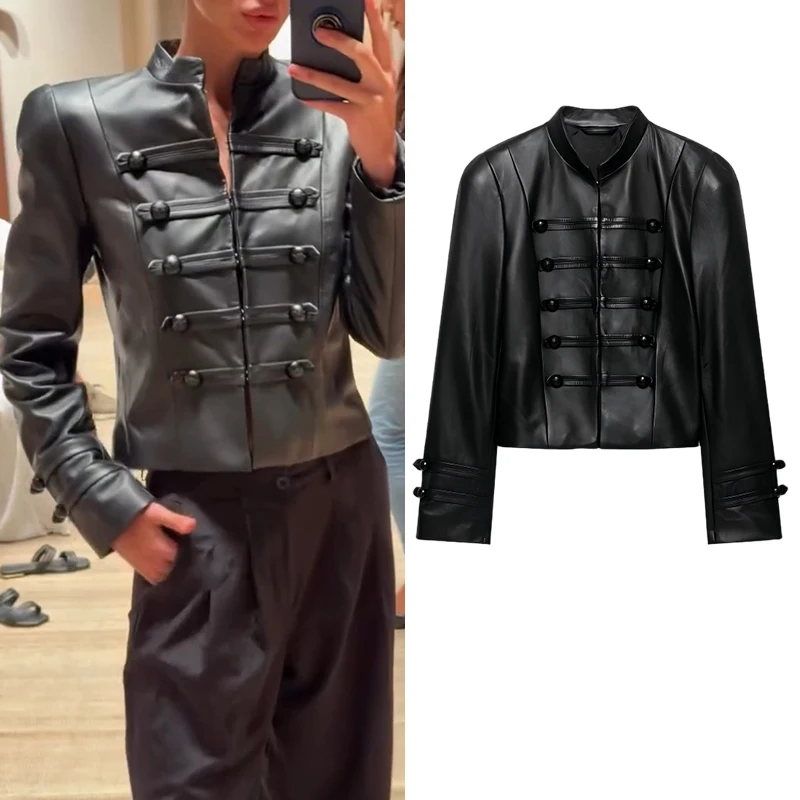 Women Faux Leather Jacket Military Style Knot Button Short Coat Female Stand Collar PU Leather Moto Biker Jacket Autumn Outerwea