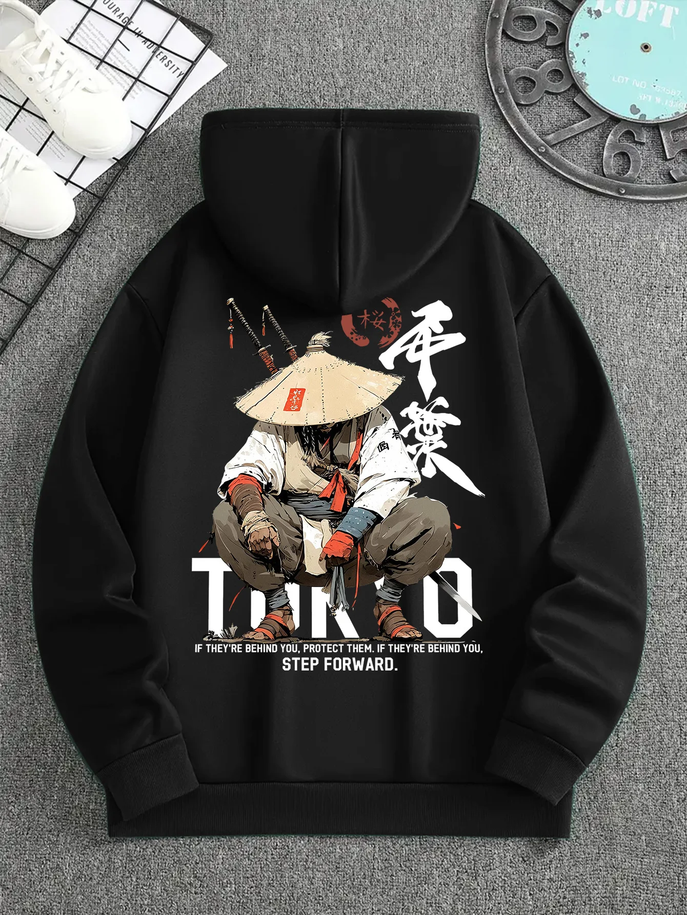 Men'S Japanese Samurai Swordsmanship Hooded Sweatshirt, Geometric Print Casual Hoodie, Soft Stretchy Fabric, Retro Streetwear Style, Regular Fit, Spring/Fall Weekend Wear, Ideal for Everyday Casual Look