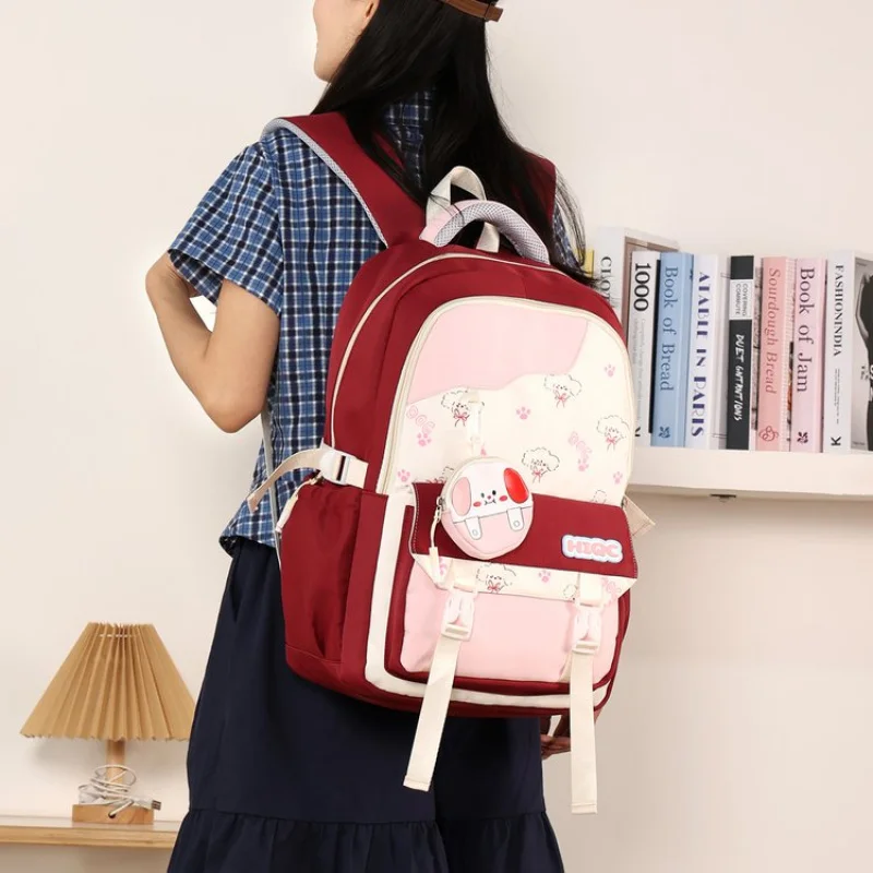 2025Christmas New Backpack One Size Macaron Color Nylon Fabric Patchwork Zipper Puppy Print Backpack