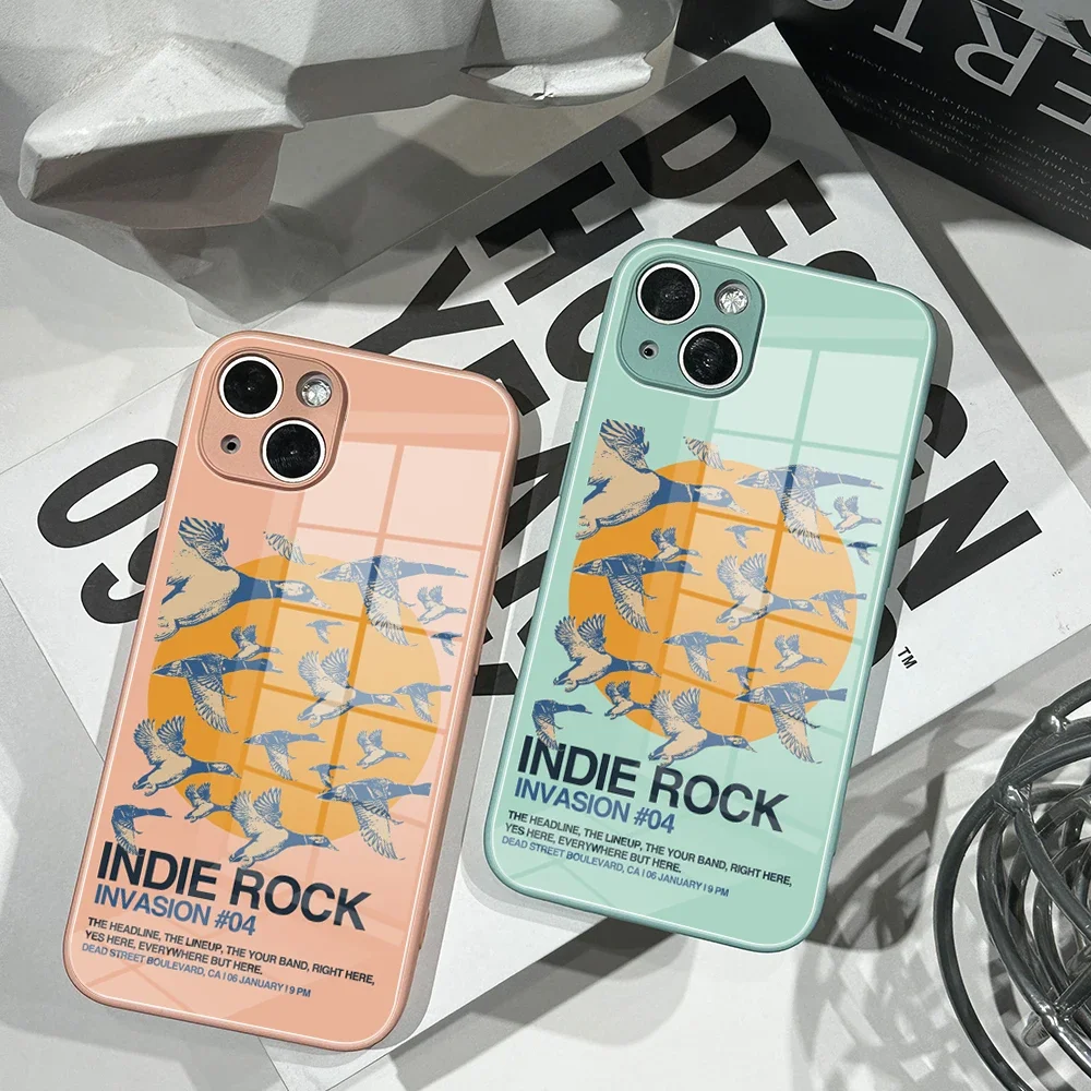 For IPhone15 Pro Tempered Glass Case for IPhone 14 11 12  XR XS MAX 7/8 X Plus 12 13mini 14pro INDIE ROCK INVASION Color Covers