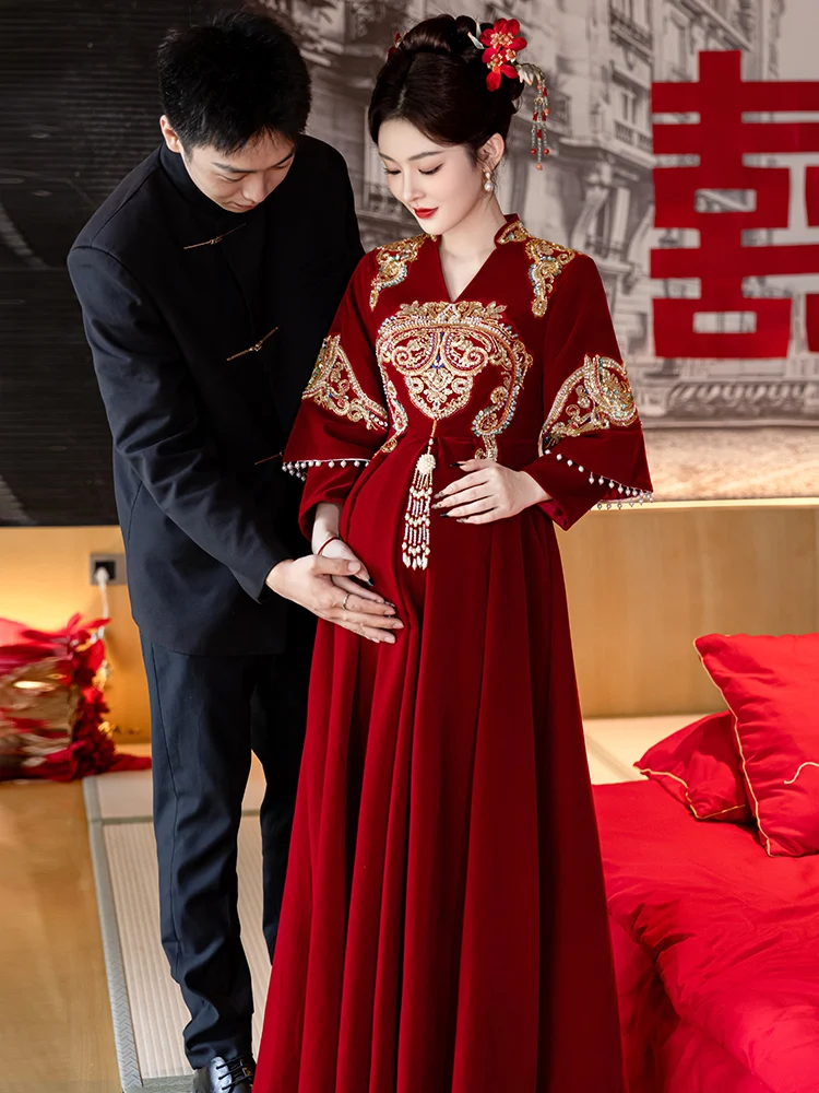 

Yourqipao новое красное свадебное платье в китайском стиле для беременных, женская одежда для тостов для невесты, вечернее платье для беременных и помолвки