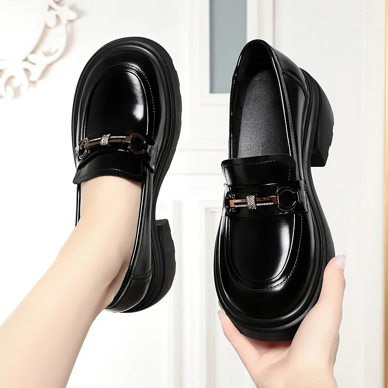 New Spring Autumn Popular Fashion Elegant Women\'s Loafers Thick Sole High Heel Metal Decorative Increasing Single Shoes