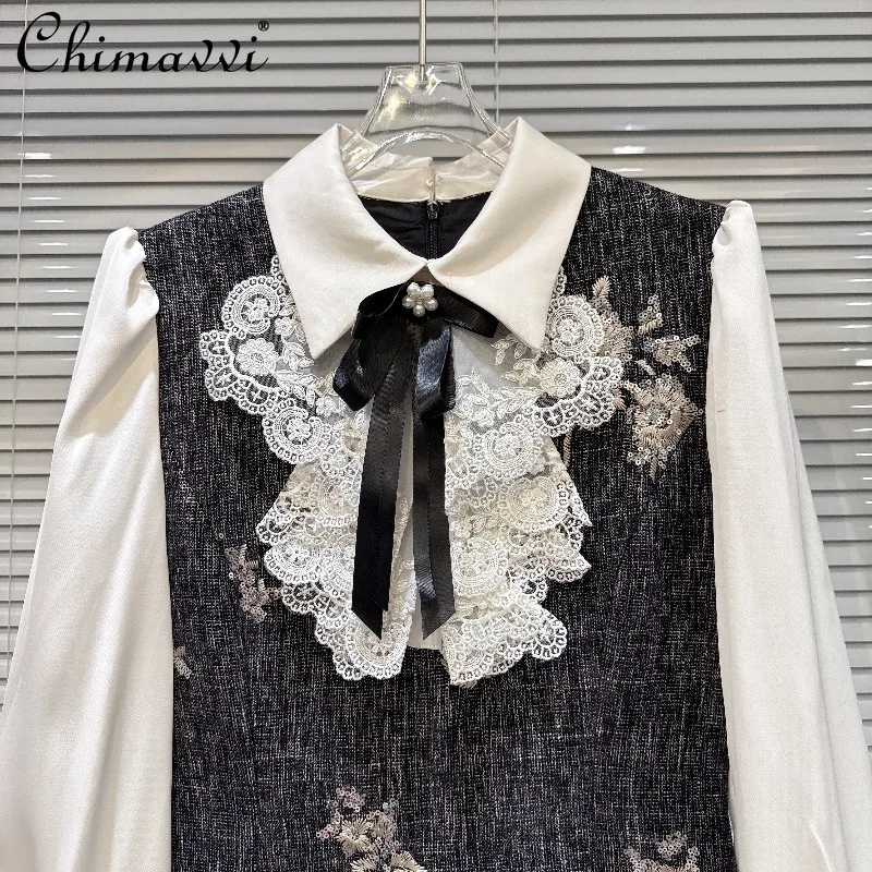 Winter New French Style Bowknot Sequin Shirt Patchwork Fake Two-piece Dress Women's Fashion Long Sleeve Elegant Dress Women
