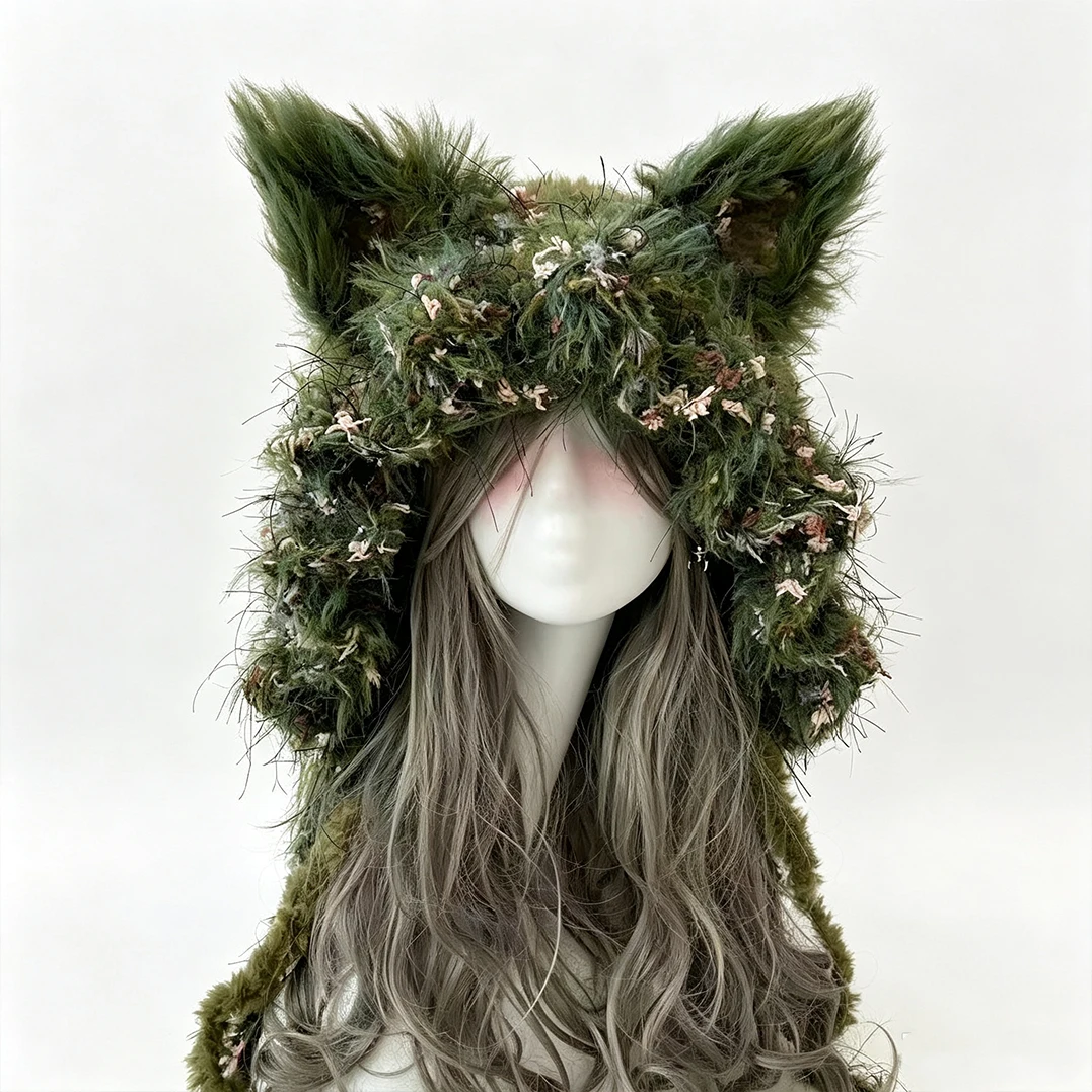 Custom Handmade Crochet Moss Green Fox Ear Hat Women Plush Floral Knitted Beanie Men Goblincore Cosplay Forest Winter Warm Hood