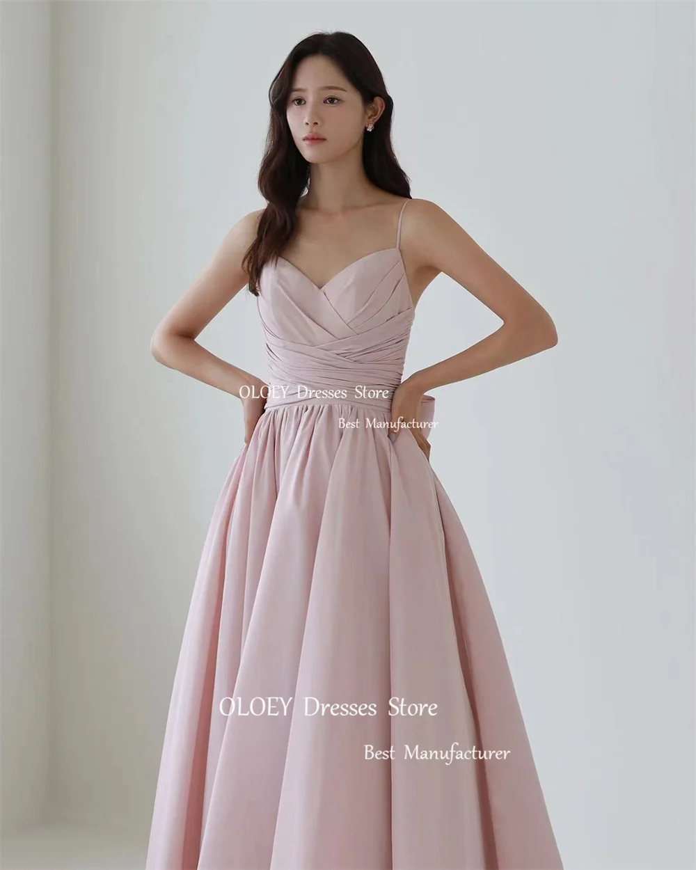 OLOEY Light Pink Prom Dress Korea Wedding Photoshott Spaghetti Straps Long A Line Formal Gown Pleats Sleeveless Corset Bow Back