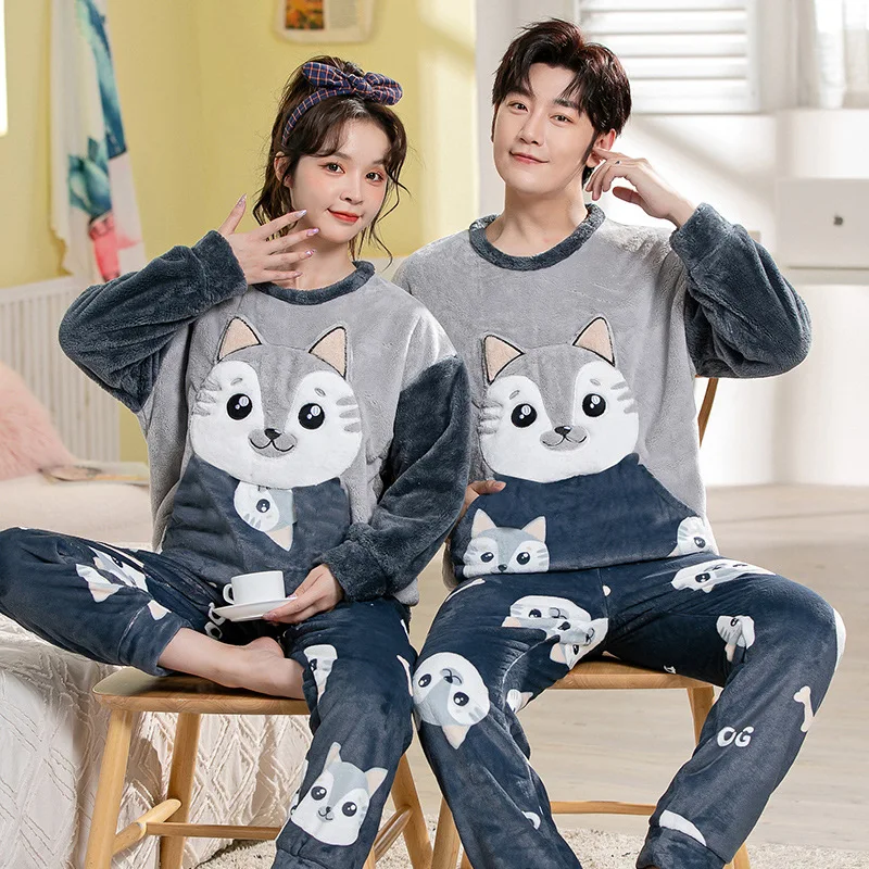 Winter Warm Sleepwear Flannel Women Home Wear Two-Piece Thickened Padded Long-Sleeved Pajamas Cartoon Bear Dog Cat High Quality