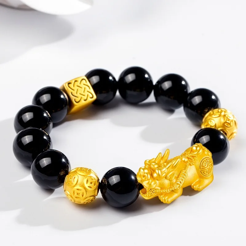

Браслет Pixiu с обсидиановыми деньгами, унисекс, 24-каратное золото, AU999-символ Lucky Pixiu, золото с мелированием обсидиана, универсальность премиум-класса 24 карата