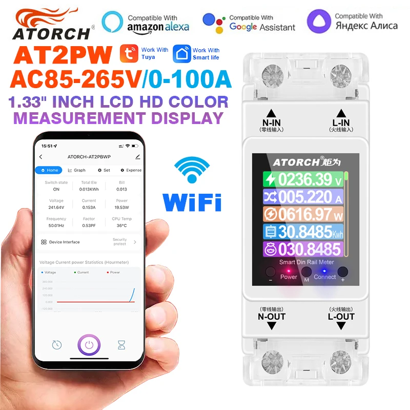 AT2PW 100A Tuya WIFI Contatore di energia su guida Din Smart Switch telecomando AC 220V 110V Volt digitale Amp Kwh Fattore di frequenza