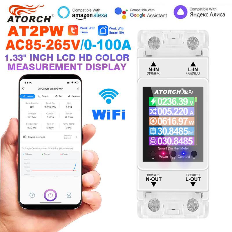  AT2PW 100A Tuya WIFI Din Rail Energy Meter Smart Switch Remote Control AC 220V 110V Digital Volt Amp Kwh Frequency Factor Meter 
