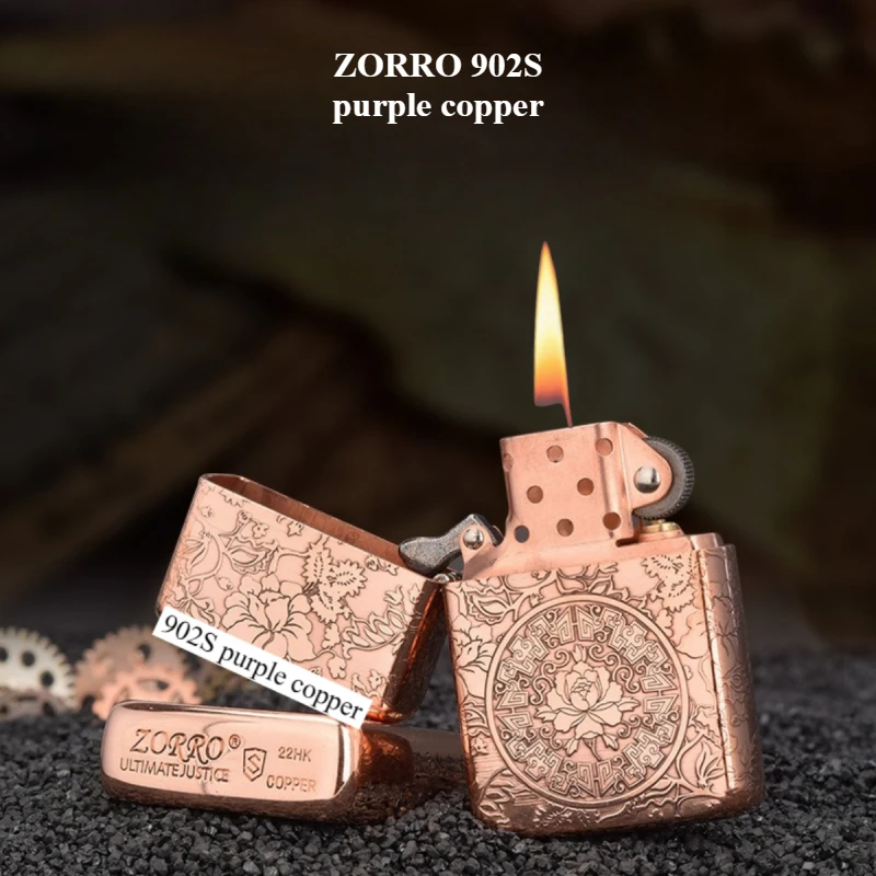 ZORRO HOT 902S Purple Copper Double sided Carved Grinding Wheel Lighter Personalized Collection Windproof Kerosine Lighter Gifts