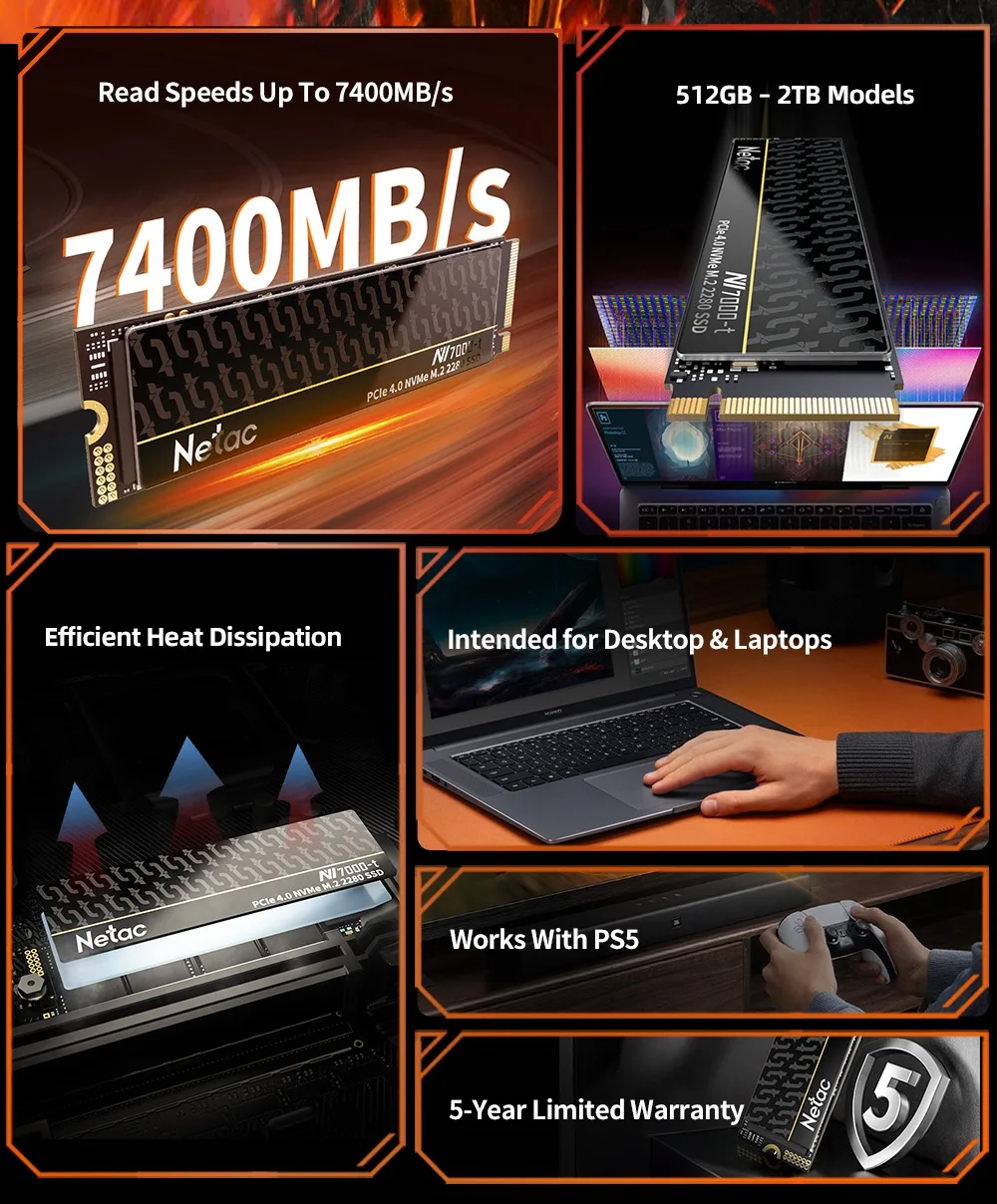 Netac 7400MB/s SSD NVMe 4TB 2TB 1TB 512GB SSD M.2 2280 PCIE4.0x4 Solid-State-Laufwerk für PS5 Laptop Desktop NV7000-T SSD – Detail 2