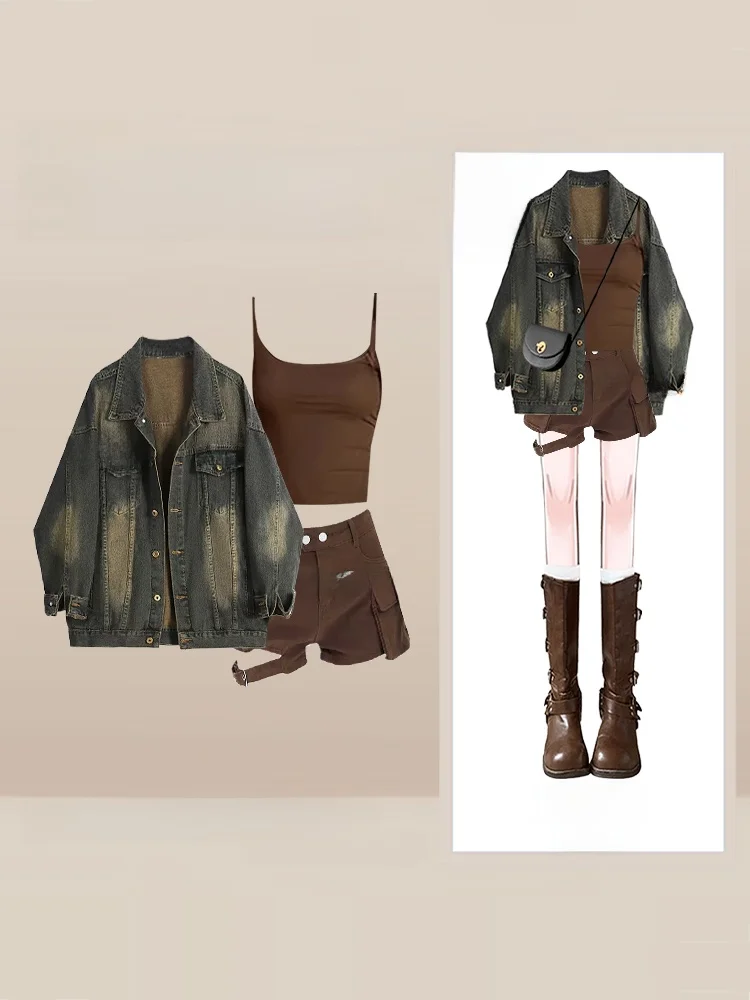 Set Faion da donna a tema sirena autunnale di grandi dimensioni, vestibilità ampia, denim Jaet, cinturino vintage con cinturino a maniche corte