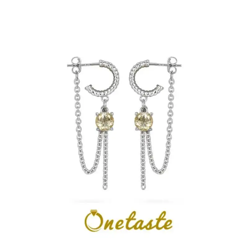 

925 Sterling Silver Birthstone Citrine Chain Tassel Charms Hoop Earrings For Women Fashion Statement Dangle Earrings Party Gift
