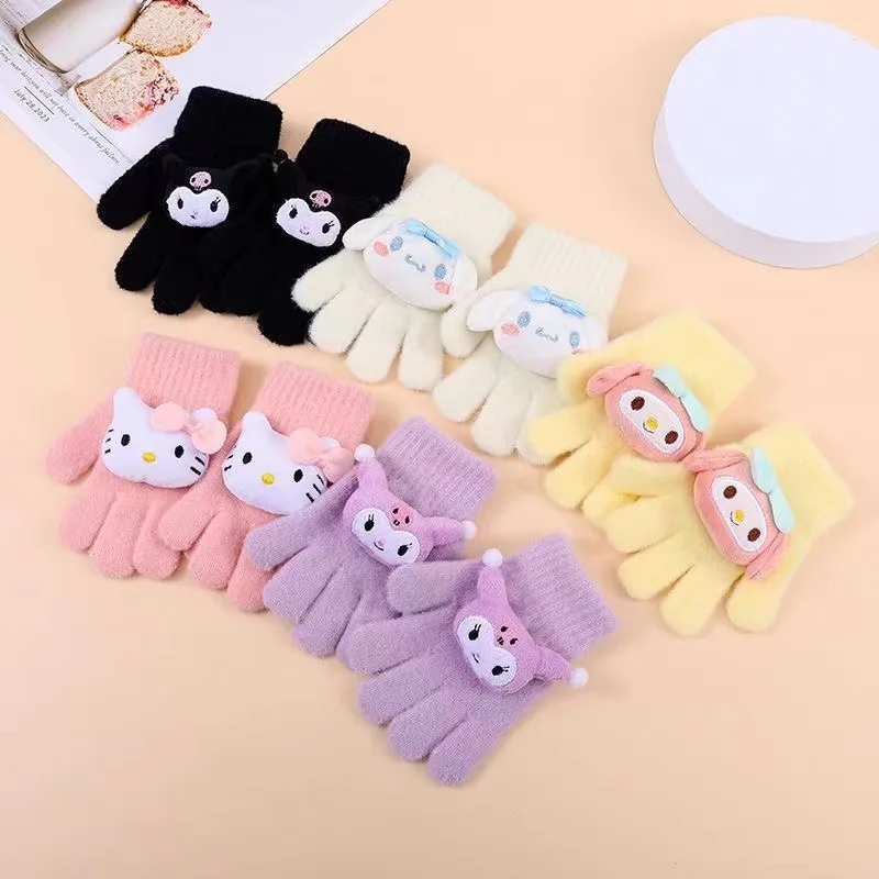 

Sanrio Hello Kitty Children's Gloves Girls Winter Warm Split Finger Kuromi 2024 New Padded and Thickened Five-Finger Sets