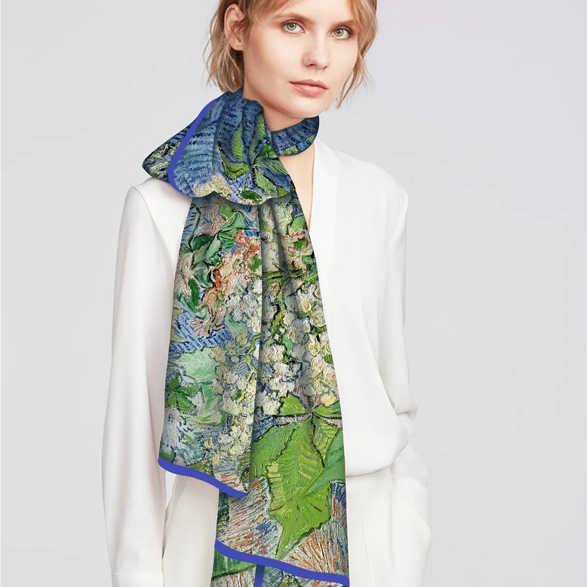 二層シルクスカーフ-80x70cm-ゴッホ油絵シリーズ-レディースおしゃれスカーフショール-多機能装飾サッシュ