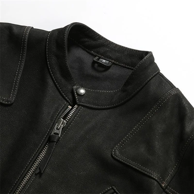 Black Autumn Leather Jacket Men Sports Style Plus Size 4XL Genuine Natural Cow Suede Stand Collar Slim Fit Leather Coat