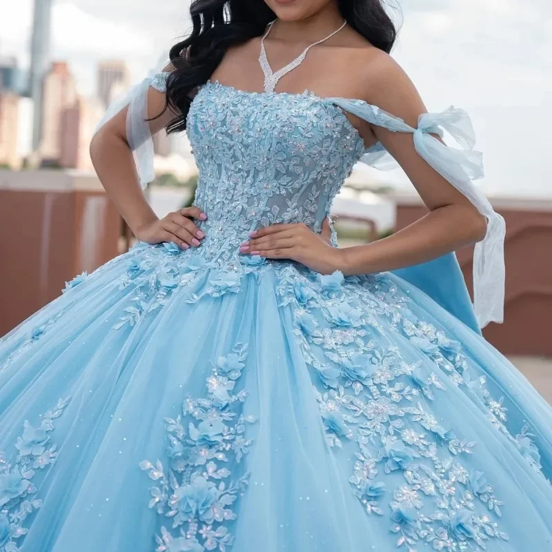 Sky Blue Vestidos De 15 Quinceañera Floral Applique Beading Off The Shoulder Ball Gown Tull Corset Sweet Customized Prom Gowns