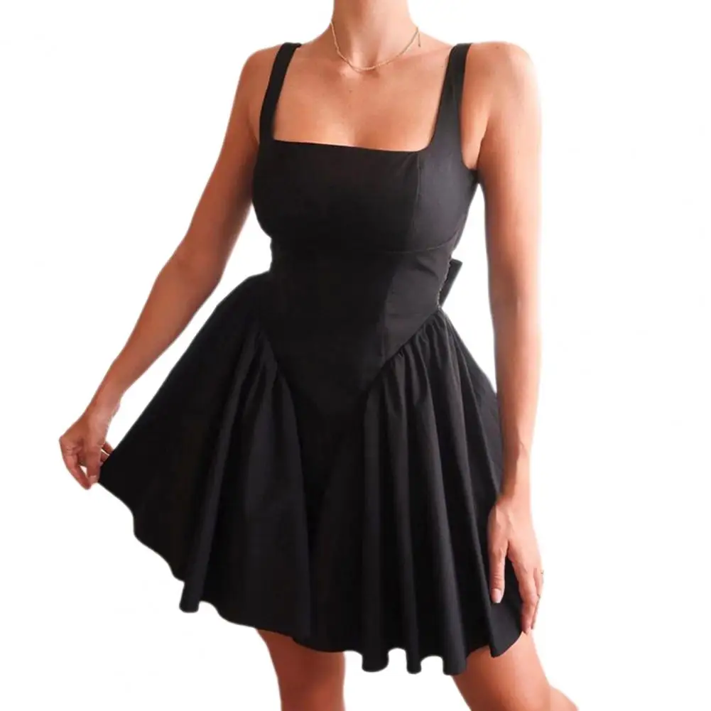 

Solid Color Women Dress Women Prom Dress Elegant Lace-up Bow A-line Dress for Women Princess Style Mini with Big Hem Square Neck