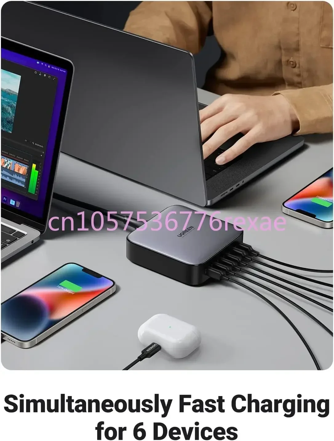 Fast Charger with 3FT USB C To C Charging Cable Ugreen Chargers Adapters 200W USB C Desktop Charger Nexode 6 Ports GaN PD