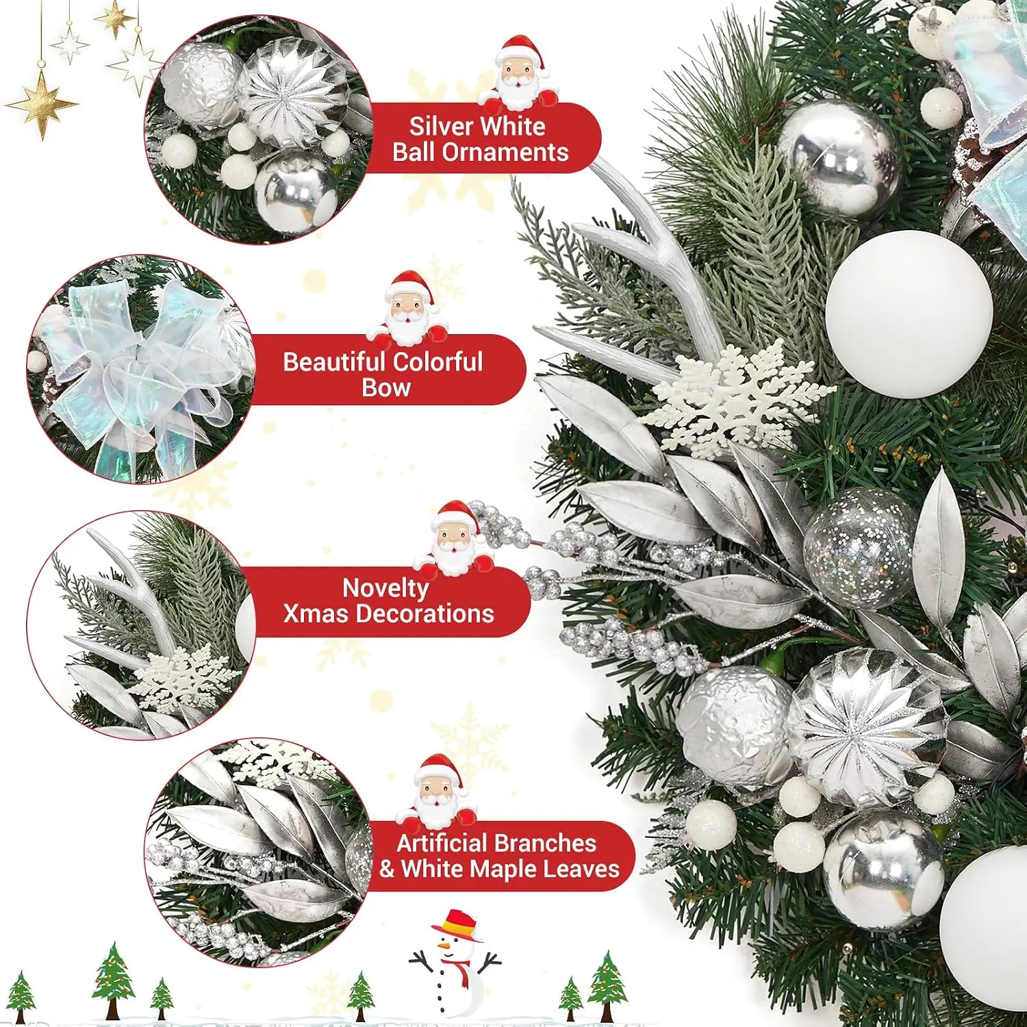 Garvee 6FT White Silver Christmas Garland with Lights & Timer for Mantle 20 LEDs 8 Modes Battery Operated, Lighted Winter Garland with Deer Antlers & Ball Ornaments for Fireplace Stairs - view 7