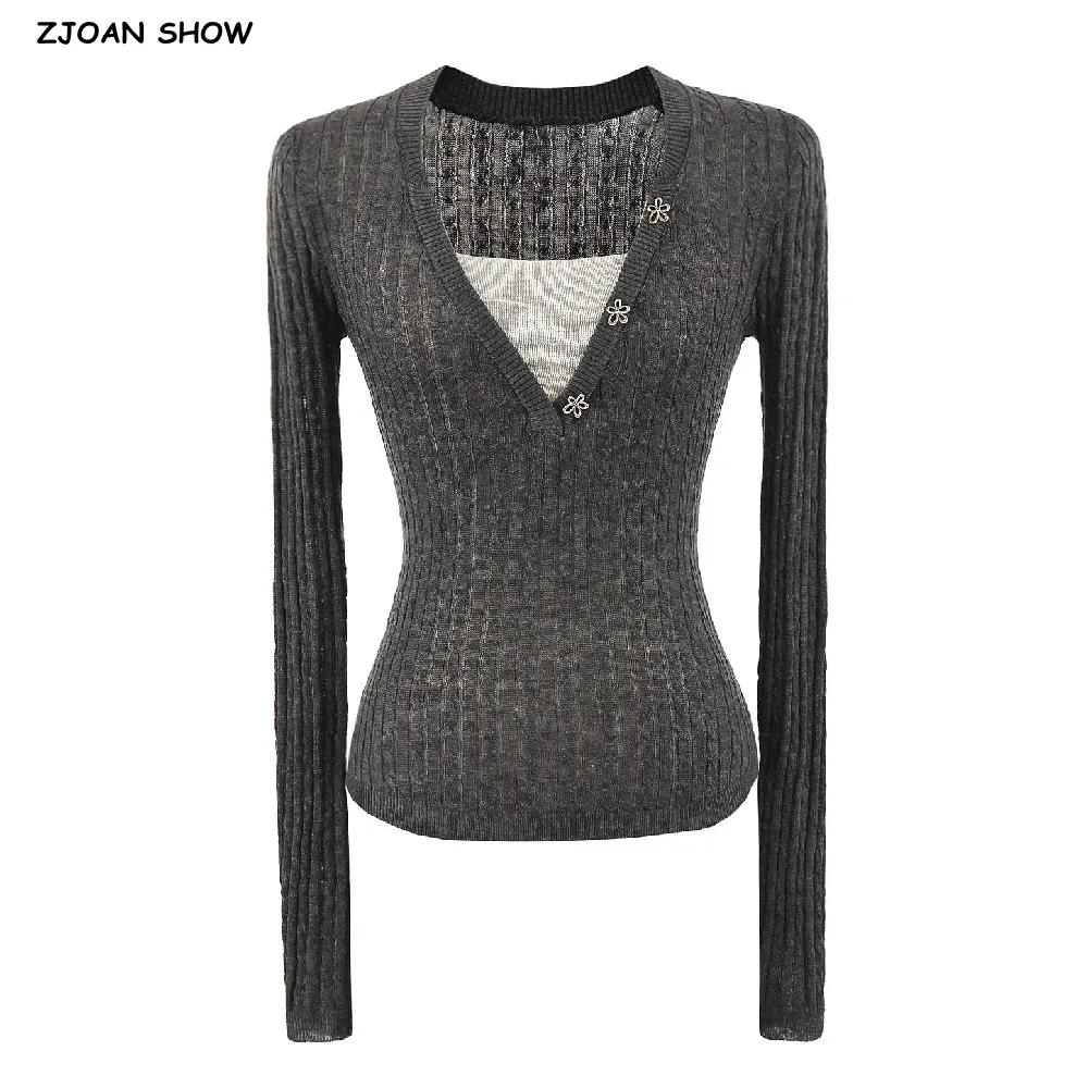 

3 colors 2025 Spring False 2 pieces V neck Knitting Sweater Women Full Sleeve Slim fit Pullovers Knitwear dark gray Yellow Black