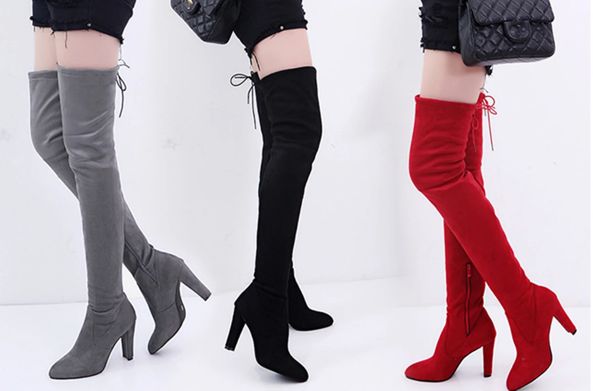 Women Spring Autumn New Fashion Side Zipper Long Boots Were Thin High-heeled Thick Suede Over-the-knee Ladies Black Gray Shoes