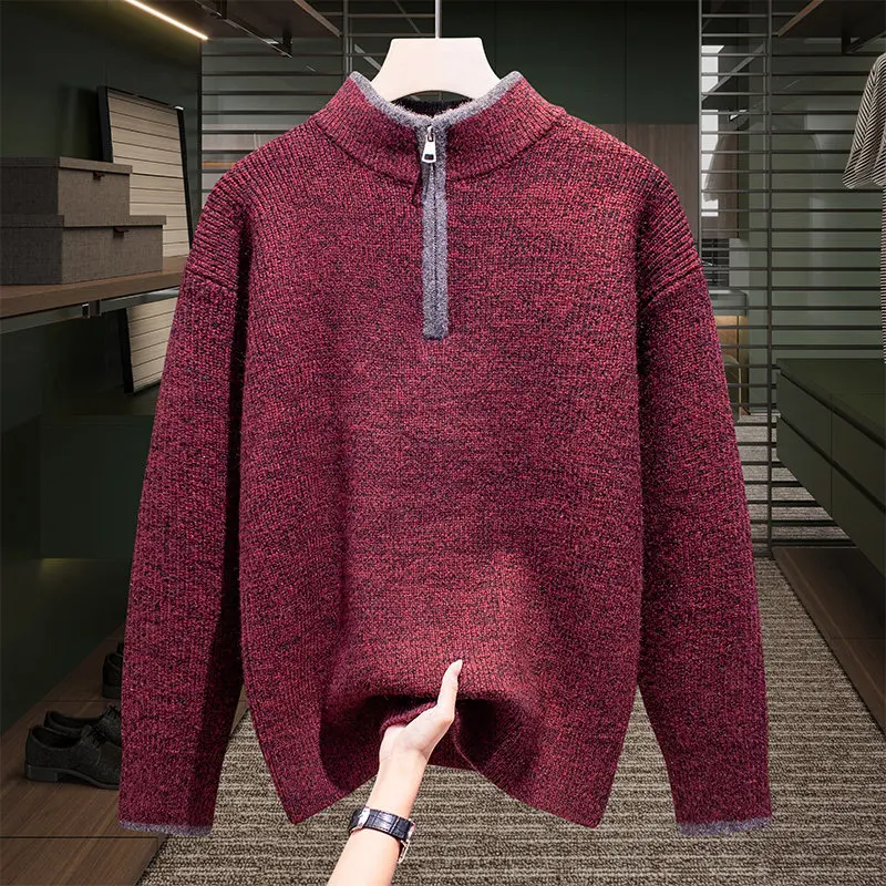 

Мужской повседневный вязаный свитер с короткой молнией, осенне-зимний, модный, универсальный, с длинным рукавом, молодежный стиль, теплый, из смесового полиэстера