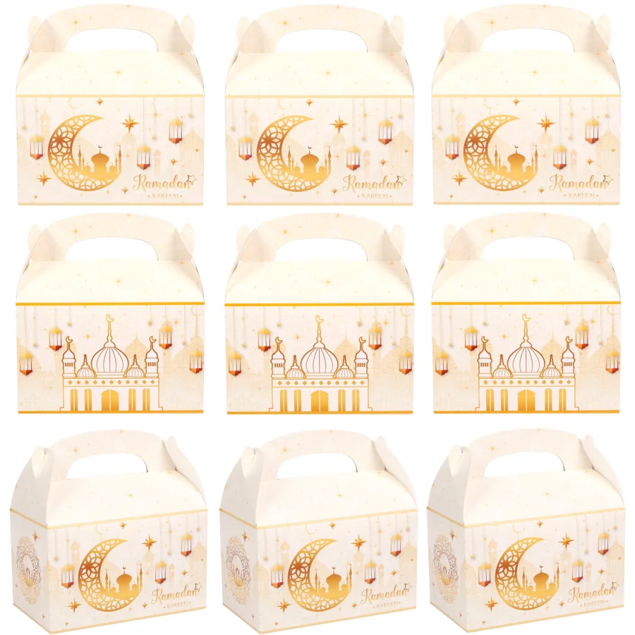 4 Stück Ramadan Gold Geschenkboxen mit Griff EID Mubarak Papierhandwerk Islam Muslim Party Keks Süßigkeiten Paket Kareem Festival Versorgung