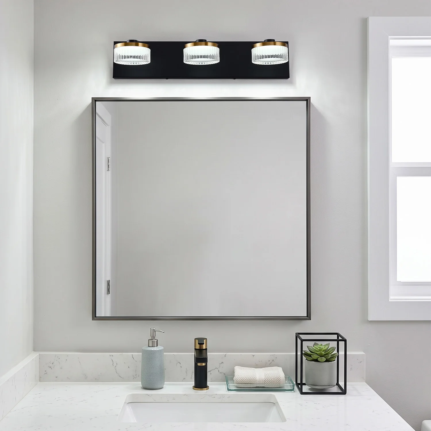 3-Light LED Bathroom Vanity Light Black and Brass Gold Wall Lamp Ribbed Acrylic Shade Modern Bathroom Mirror Light Wall Sconce for Bathroom Vanity Mirror Cabinet ETL Certified