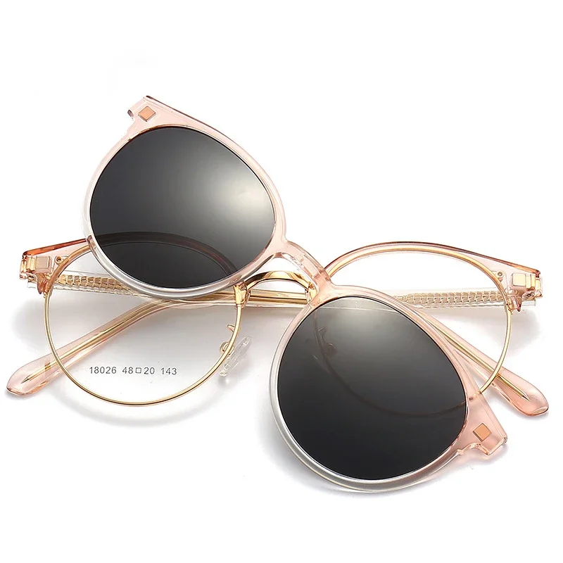 KIZN 女性磁気近視偏光サングラス男性 2025 新 2 で 1 クリップメガネラウンドフレーム光学レンズ眼鏡 -0.5 に-10