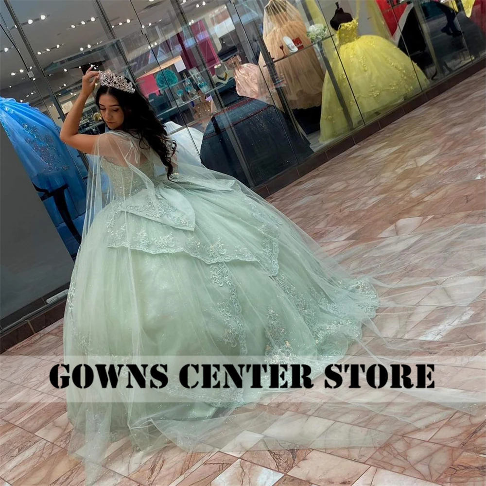 Robe de Quinceanera en tulle vert sauge avec nœud, cape, robes de soirée, appliques Kendning, anniversaire, robe Sweet 16 personnalisée, 2024