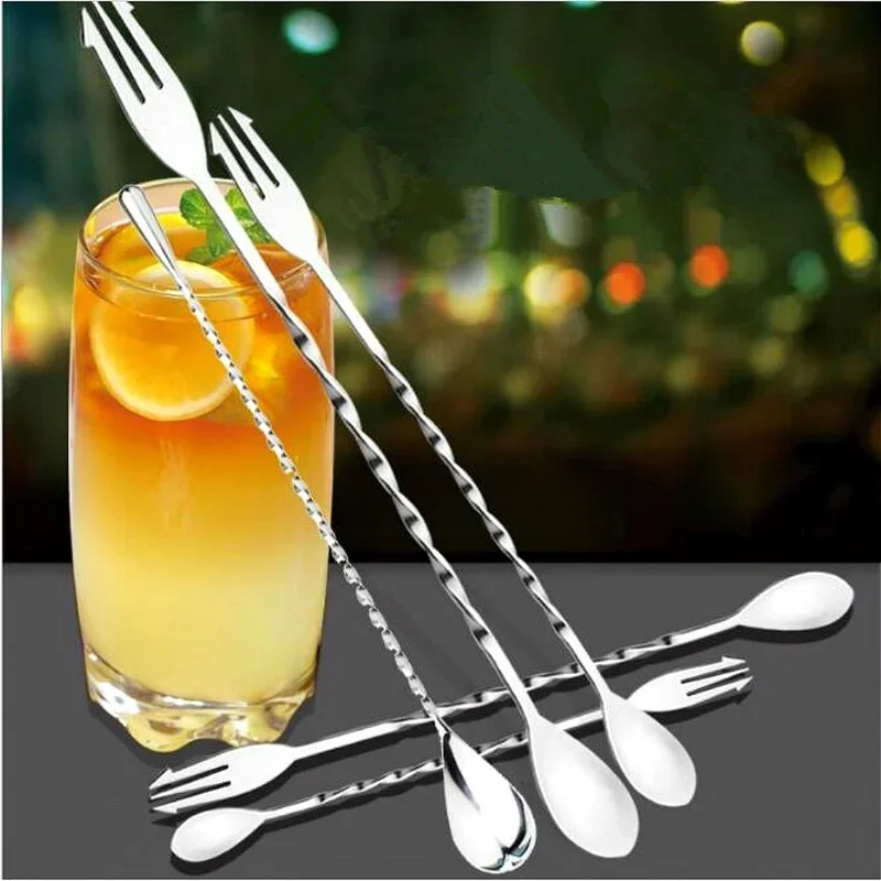 Stainless Steel Double Headed Long Handled Threaded Spoon Cocktail Mixing Spoon Milk Tea Coffee Mixing Spoon Bartender Tools