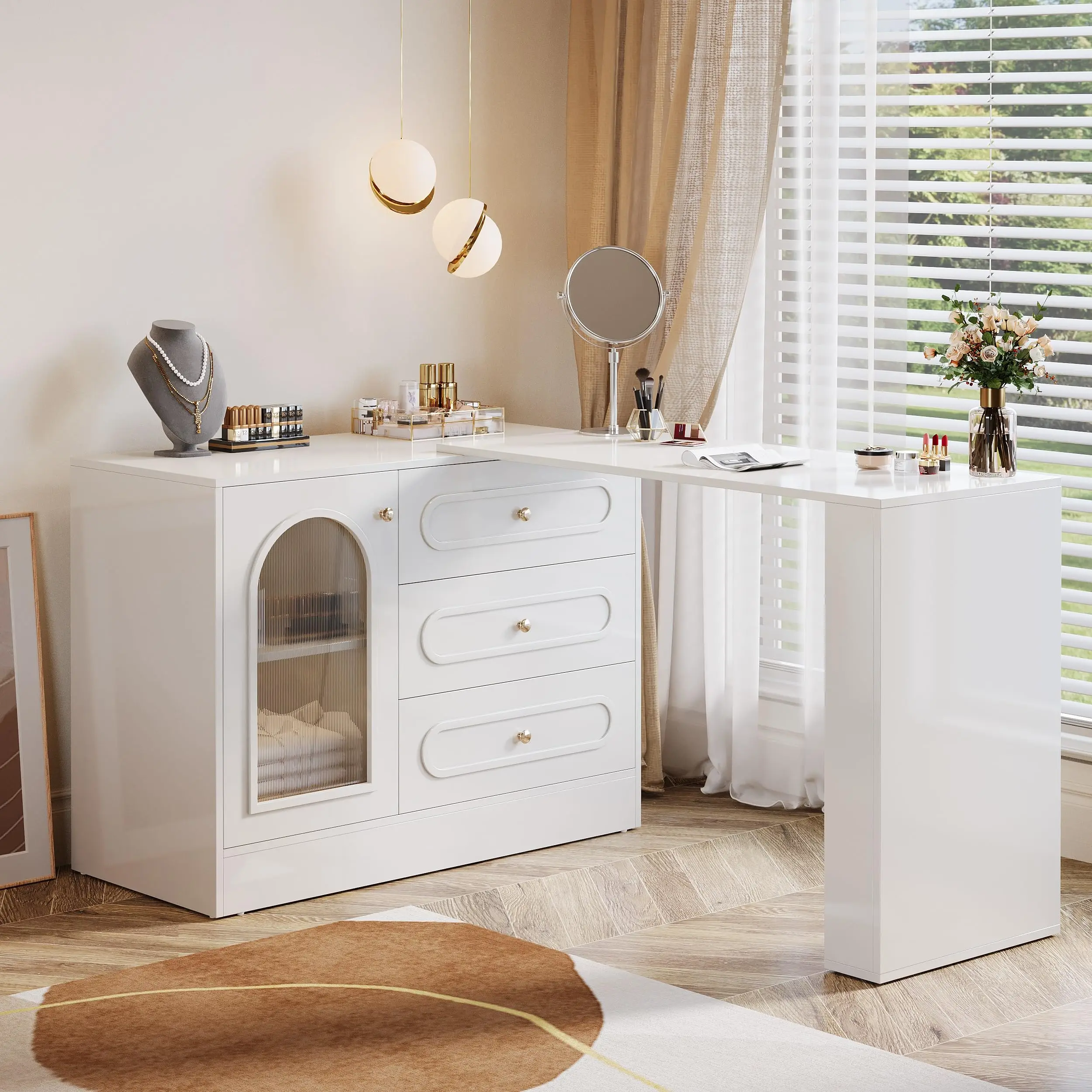 Tribesigns Large Corner Dressing Table White Triple Dresser Extendable Desk With Reversible Cabinet Vanity