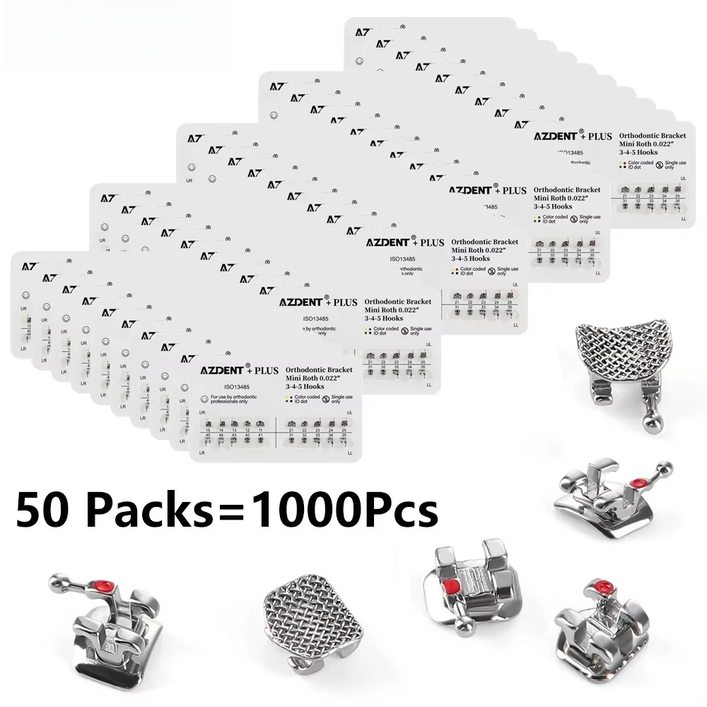 AZDENT 50 Packs=1000Pcs Dental Orthodontic Brackets PLUS Metal Mesh Base Dental Braces Mini/Standard Roth/MBT 022/018 with Hooks