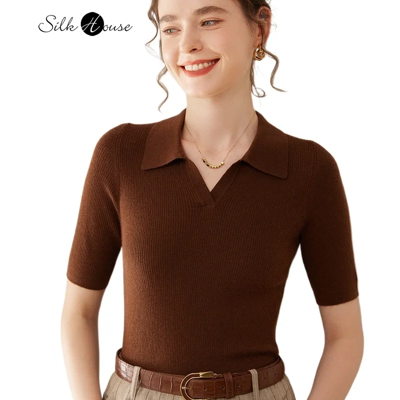 

2025 Women's Early Autumn New Knitted Thin 100% Cashmere Polo Collar Slimming Short Sleeve Knitted Base Sweater