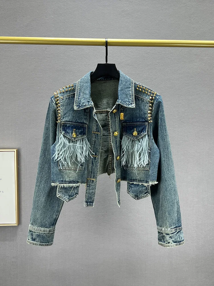 

Trendy ort Denim Jaet Women's Loose Fit Spring 2025 New Sle Small Size Slimming Rivet Detail European Sle Jaet