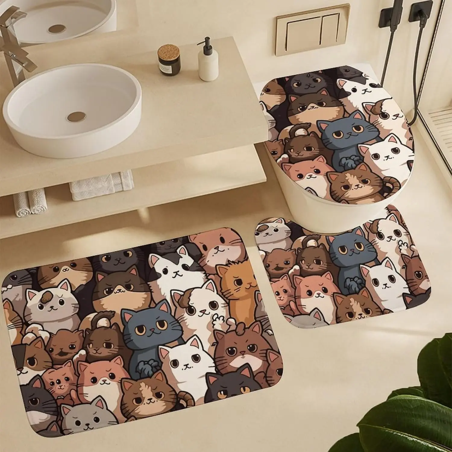 

Cartoon Cat Characters Bathroom Rugs Sets 3 Piece Coral Velvet Bath Rugs Colorful Non-Slip Absorbent U-Shaped Shower Mat Decor A