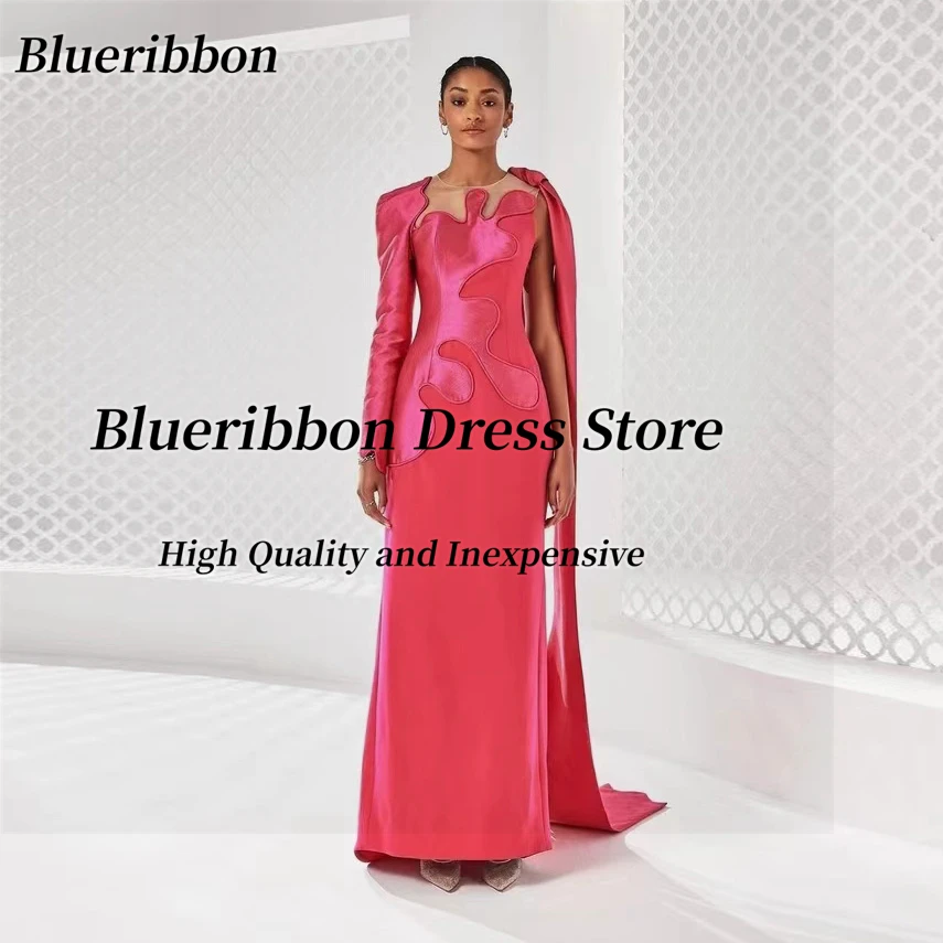 Blueribbon Sheer Crew Neck Evening Dresses Haute Couture Long Sleeve Prom Party Dress with Flutters Robe Des Marrige