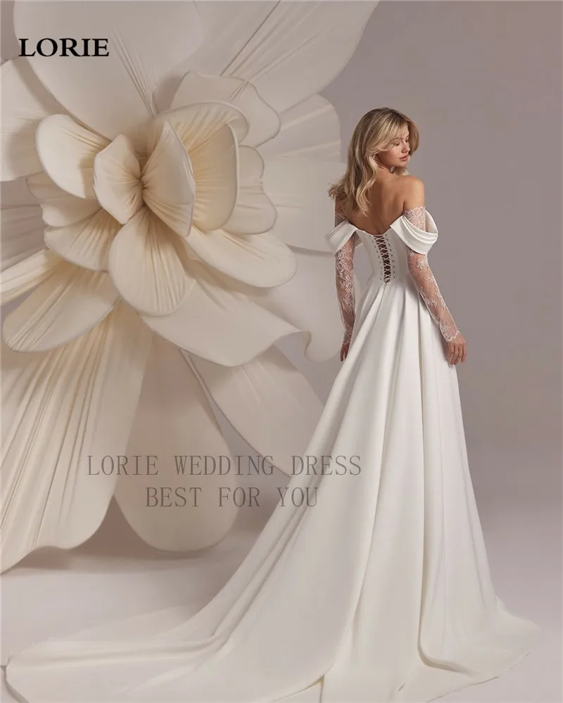 LORIE Abiti da sposa a maniche lunghe in pizzo con spalle scoperte Abiti da sposa a trapezio Abito da sposa con applicazioni principessa senza schienale personalizzato