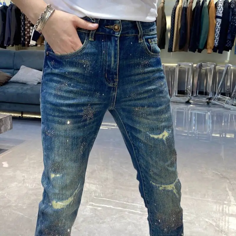 New Autumn Winter Men Slim Fit Star Rhinestone Jeans Masculina Stylish Jeans Hombre Streetwear Jeans Hombre Vaqueros Hombre 2025