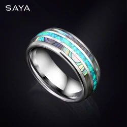 Rings for Men 8mm Tungsten Inlay Opal and Shell Engagement Jewelry Elegant Comfort Fit,Customized