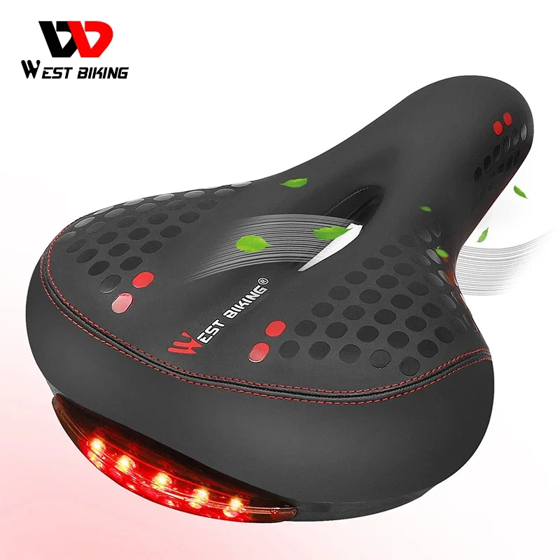 

WEST BIKING-Road Bike Saddle, MTB Bicycle Seat with Warning Taillight, Breathable Soft Seat Cushion, Mountain Cycling Racing