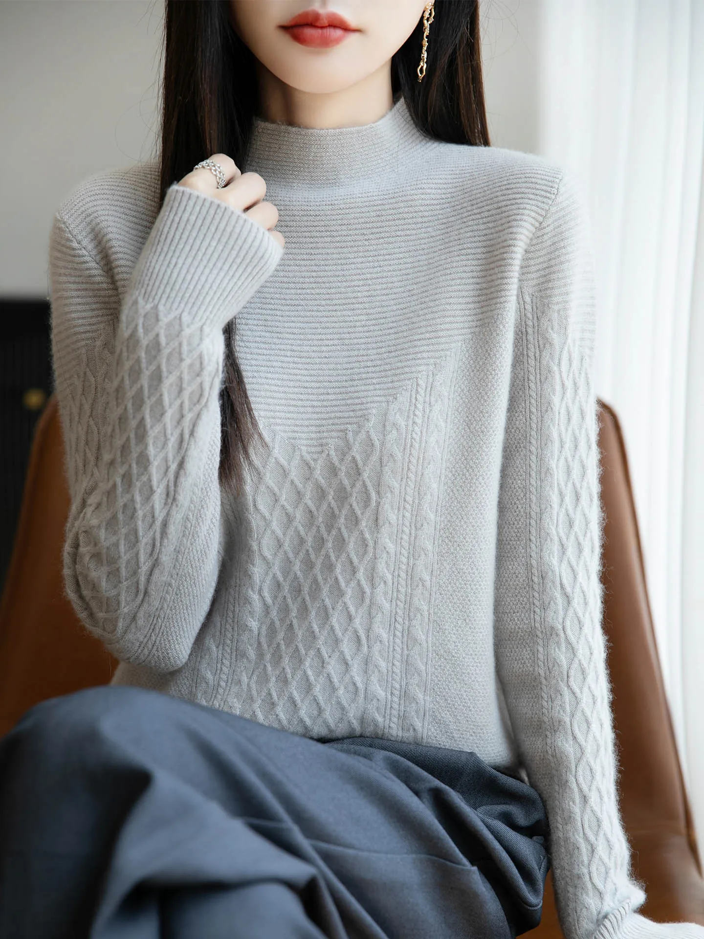 

Женский пуловер из 100% мериносовой шерсти с полувысоким воротником, осень-зима, толстый повседневный модный вязаный кашемировый свитер