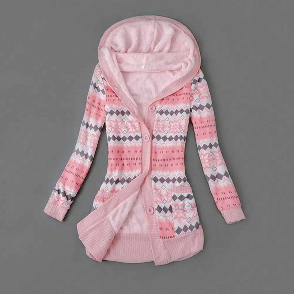 

Knitted Coat Skin-friendly Women Cardigan Striped Print Buttons Closure Hooded Plush Lining Sweater Cardigan Plush Lining