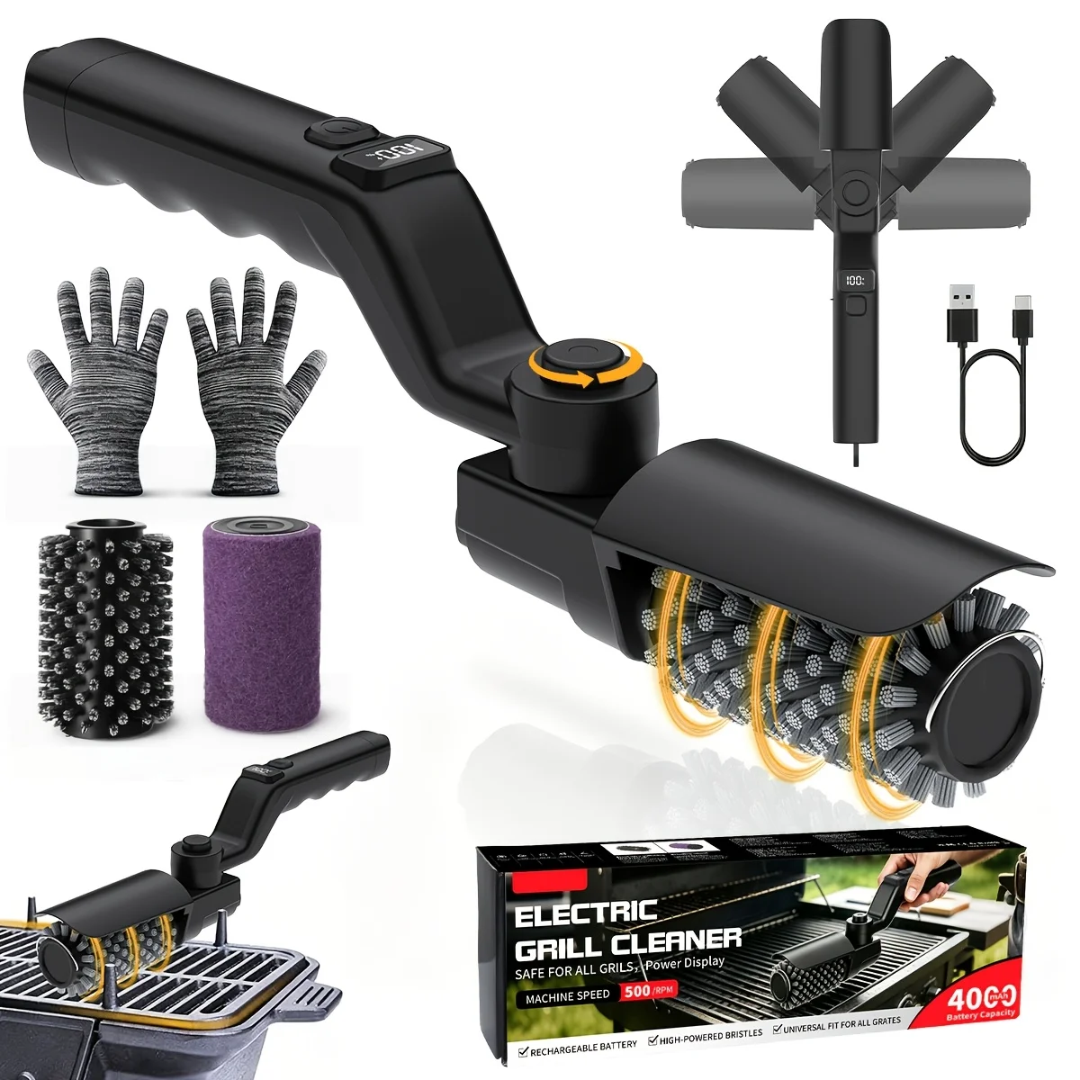 Built-in 4000mAh rechargeable battery with 3 adjustable speed modes. The rotating cleaning head delivers powerful scrubbing force to remove burnt grease, charred residue and food debris on grills without strenuous manual brushing.