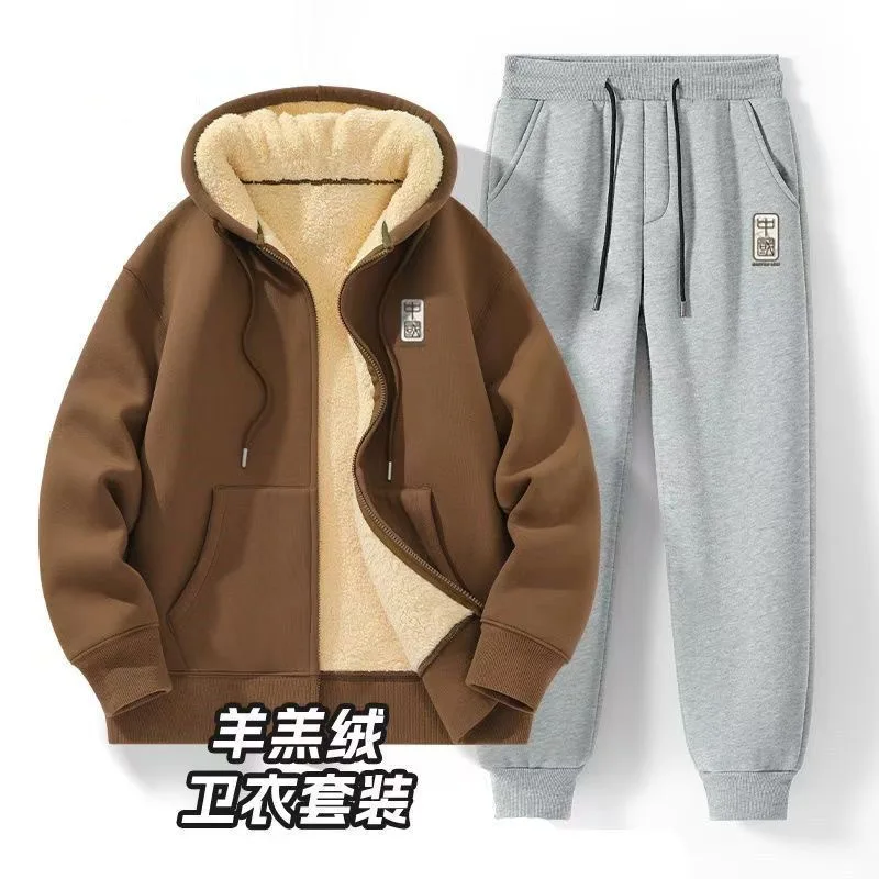 

Winter New Fashionable Trendy Plush Thickened Warm Set for Men's Casual Loose Sports Large Size High Quality Two piece Set M-5XL