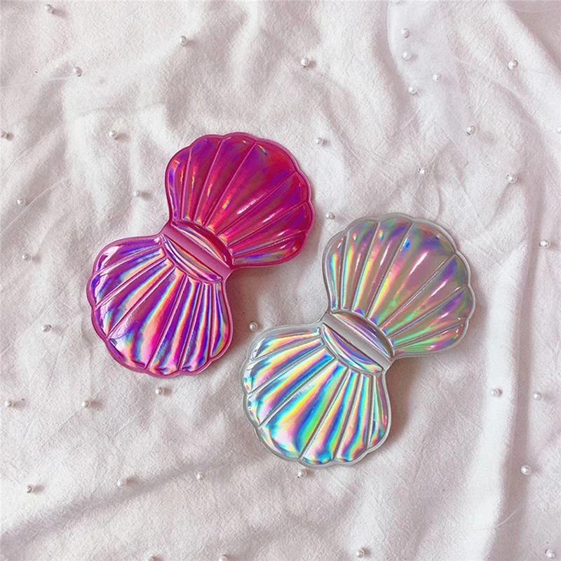 Shell Forma Maquiagem Espelho, Vaidade Portátil, Laser Dobrável, Espelho de Bolso, Cosméticos Mão Espelho Compacto, 2X Ampliação
