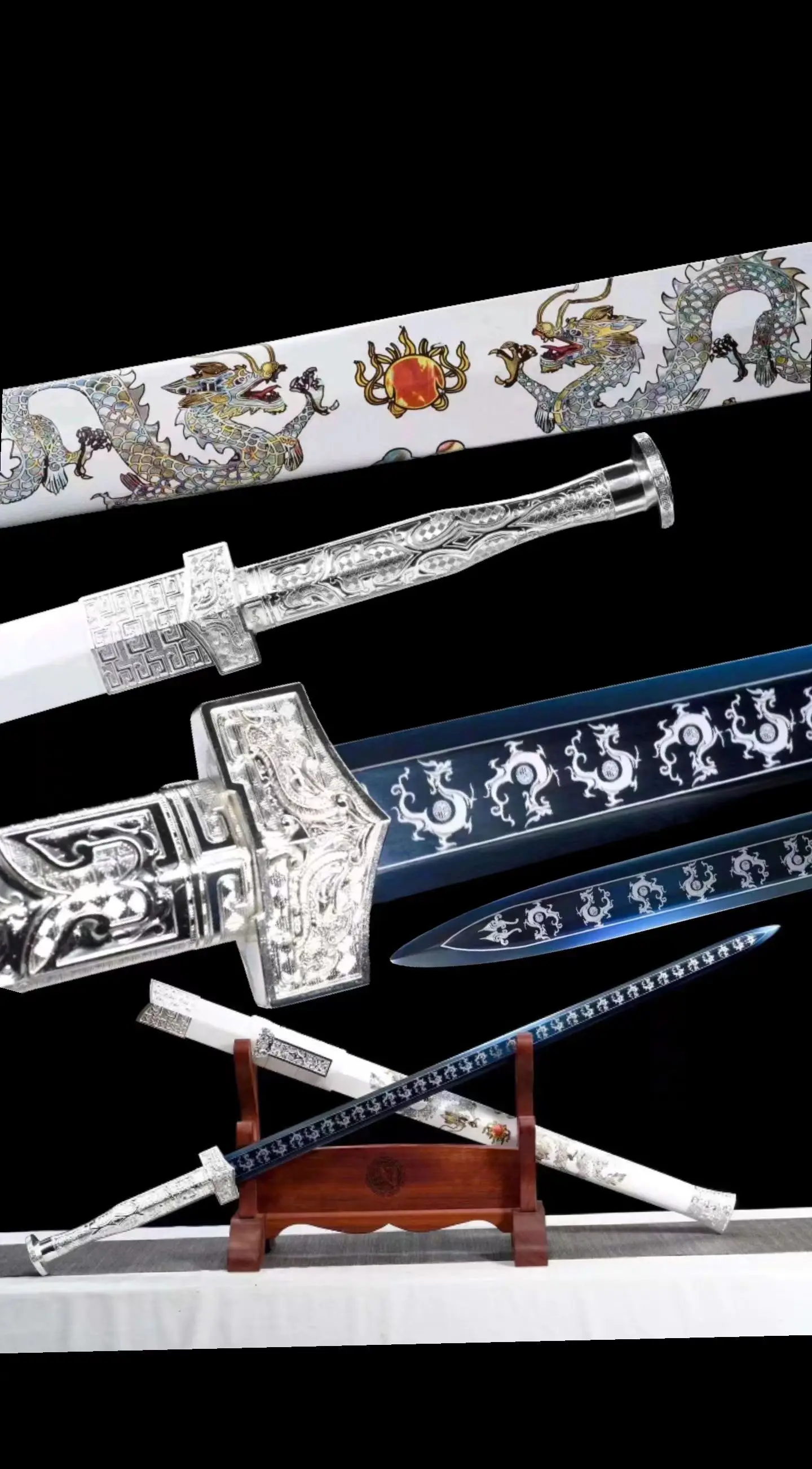 

Han Dynasty Style Battle Sword of White Chinese Loong Dragon, Handmade Multi Refined High Manganese Steel Blade, Unsharp